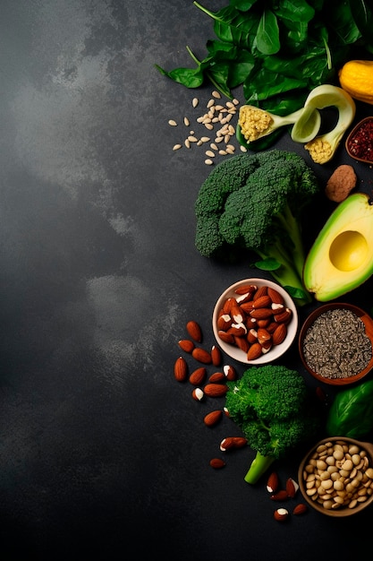 fruits, légumes, noix sur un fond sombre vue de haut