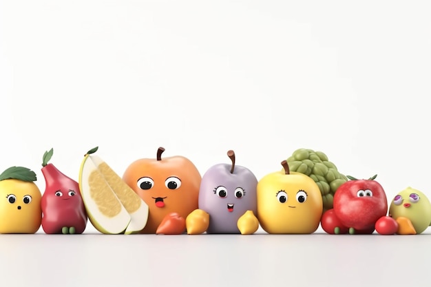 Fruits et légumes avec des personnages de visages mignons sur fond blanc illustration 3d ai générative