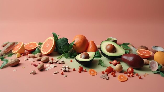 Fruits et légumes sains sur fond de nourriture aux couleurs pastel concept d'aliments sains