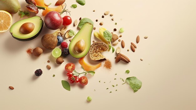 Fruits et légumes sains sur fond de nourriture aux couleurs pastel concept d'aliments sains