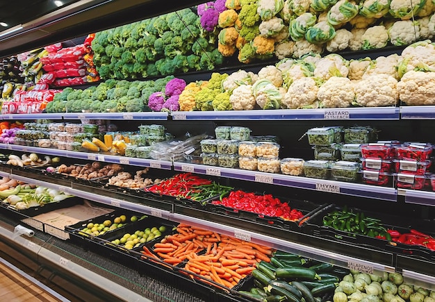 Fruits et légumes sur le stand de magasin dans l'épicerie de supermarché