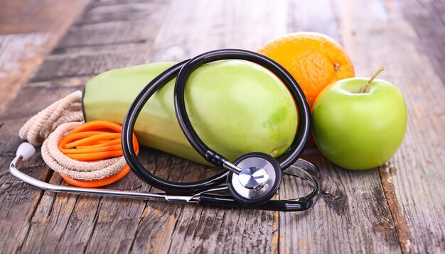 Fruits et légumes sur une table en bois