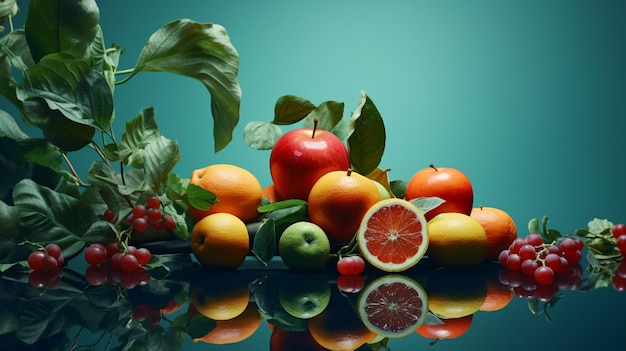 fruits et légumes sur une table avec le reflet d'un fruit