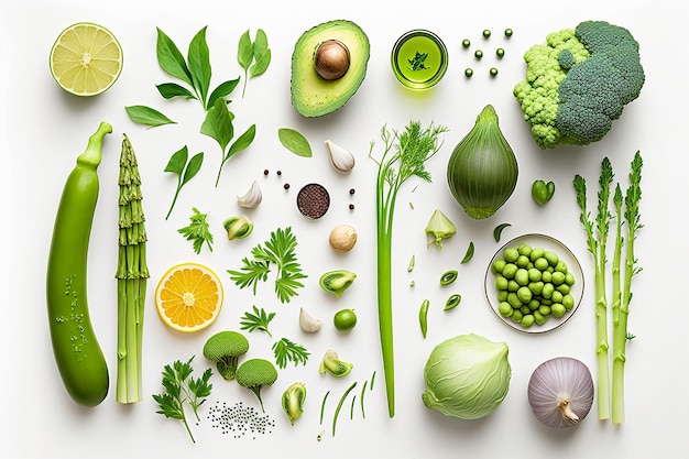 Fruits et légumes verts frais flatlay sur fond blanc ai générative