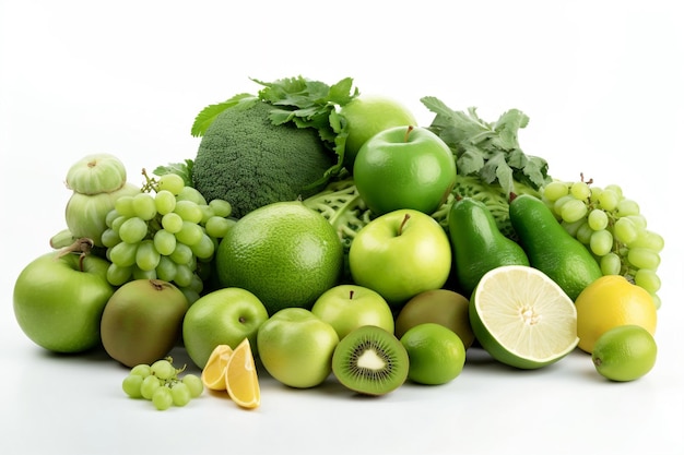 Les fruits et légumes verts sont sur un fond blanc