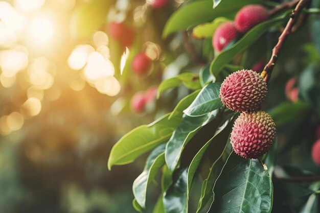 Fruits de litchi frais des litchis sur une branche et un gros plan d'un fruit de litchi