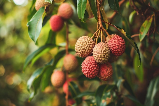 Des fruits de litchi frais et mûrs sont accrochés au litchi dans le jardin