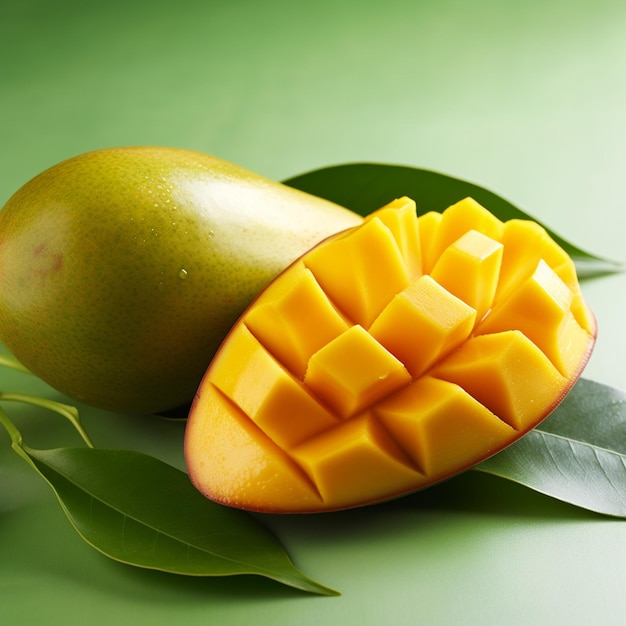 Fruits de mangue frais en dés sur une assiette blanche sur une planche à couper en bois avec des feuilles Generative AI