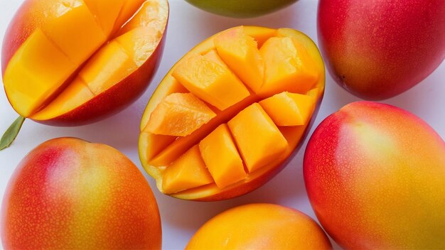 Fruits de mangue mûrs avec des tranches isolées sur le blanc