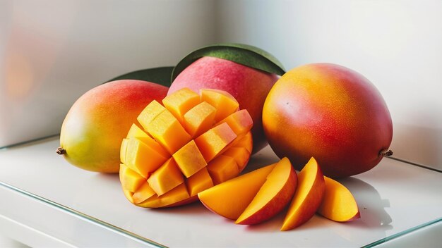 Fruits de mangue mûrs avec des tranches isolées sur le blanc