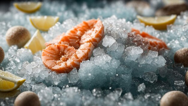 Les fruits de mer congelés se concentrent sur les détails complexes des produits de la mer congelés individuels capturant le