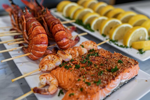 Photo des fruits de mer délicieux, du saumon grillé, des crevettes, des broches et de la queue de homard.