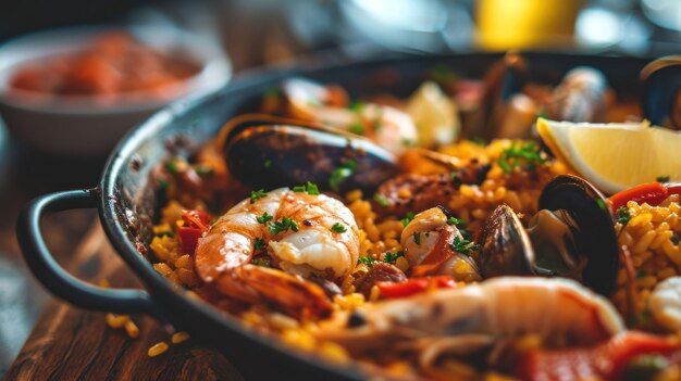 Des fruits de mer et du chorizo paella contre un tapas bar animé