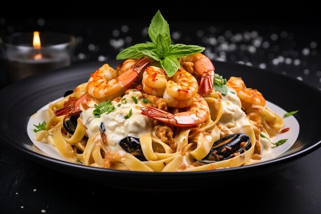 Photo des fruits de mer fettuccine alfredo avec une sauce crémeuse