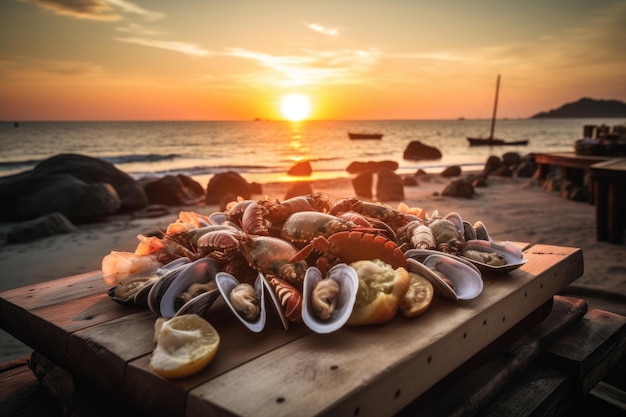 Fruits de mer sur fond de bois