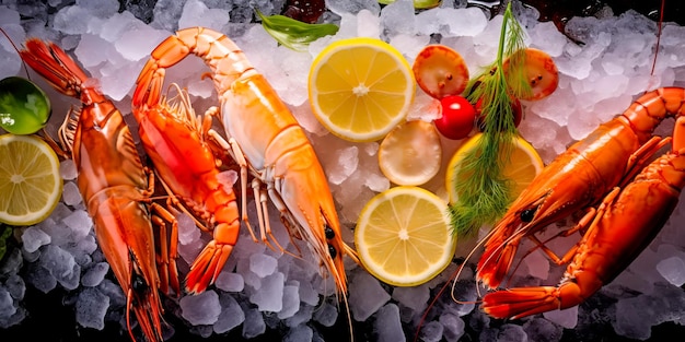 Fruits de mer frais tels que crevettes ou crabe présentés sur glace