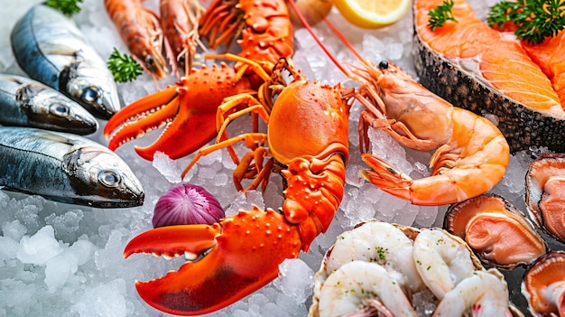 Fruits de mer sur glace au marché au poisson Generative Ai