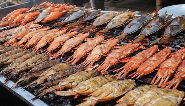 Photo fruits de mer mélangés au barbecue à la grille asiatique au marché de kep au cambodge