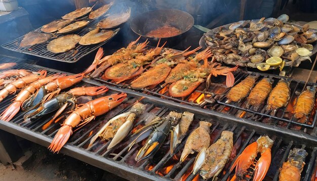 Photo fruits de mer mélangés au barbecue à la grille asiatique au marché de kep au cambodge