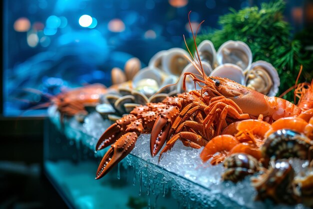 fruits de mer sur la vitrine sur fond bleu de la mer