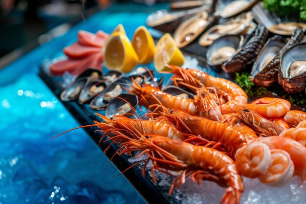 fruits de mer sur la vitrine sur fond bleu de la mer