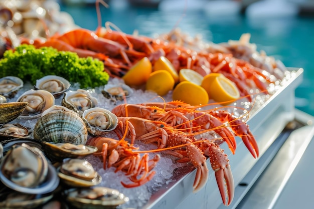 fruits de mer sur la vitrine sur fond bleu de la mer