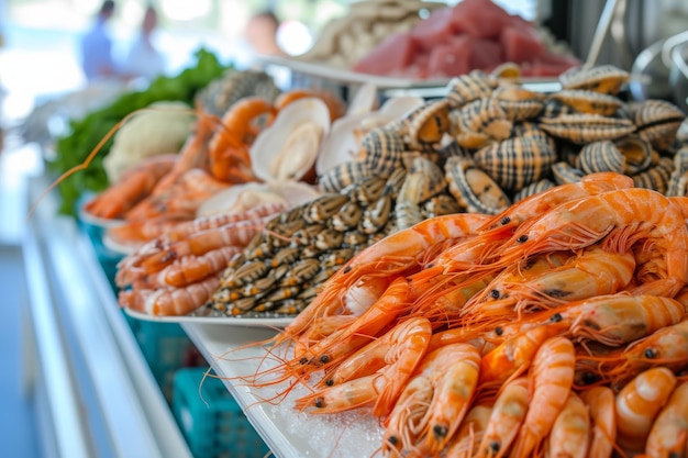 fruits de mer sur la vitrine sur fond bleu de la mer