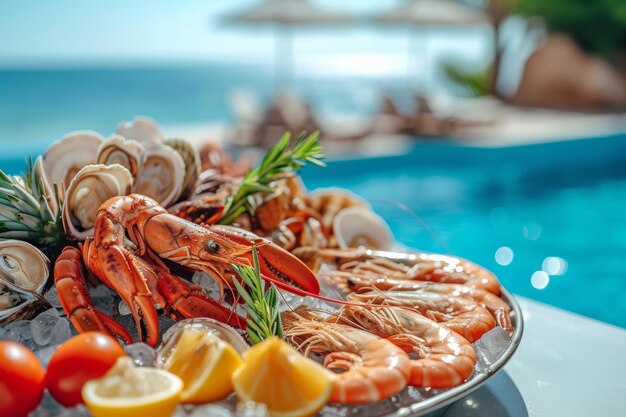 fruits de mer sur la vitrine sur fond bleu de la mer