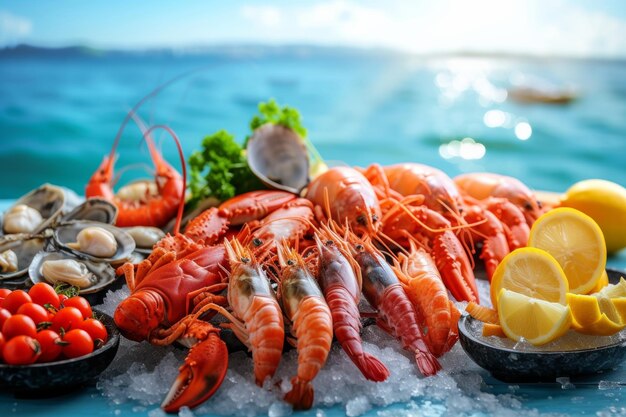 fruits de mer sur la vitrine sur fond bleu de la mer