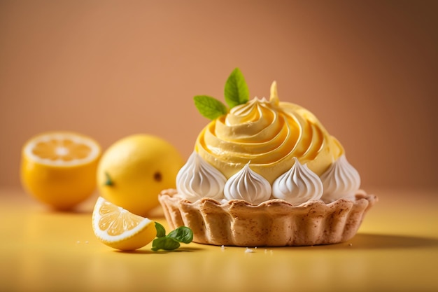 Fruits meringue au citron sur fond jaune illustration IA générative