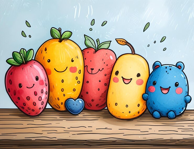 Photo des fruits mignons et colorés sur une table en bois pour des arrière-plans amusants de la meilleure qualité, exquis et magnifique