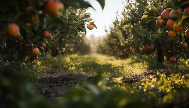 Fruits mûrs sur des branches vertes dans un verger générés par l'intelligence artificielle