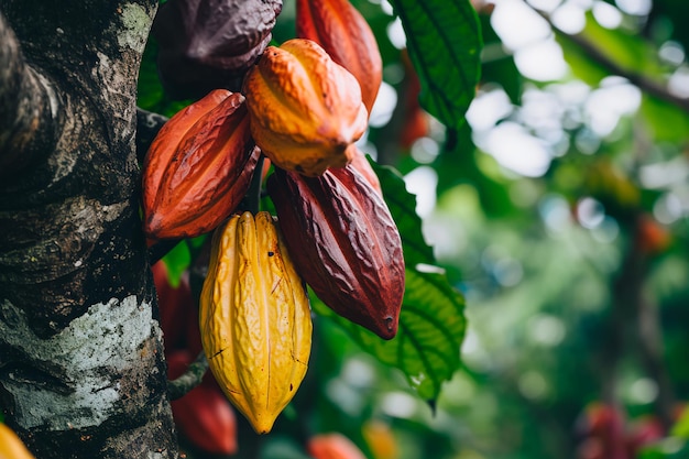 Photo fruits mûrs du cacao sur l'arbre du cacao