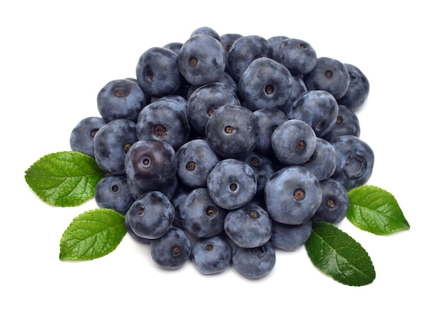 Fruits de myrtilles avec des feuilles isolées sur fond blanc Vue de dessus à plat