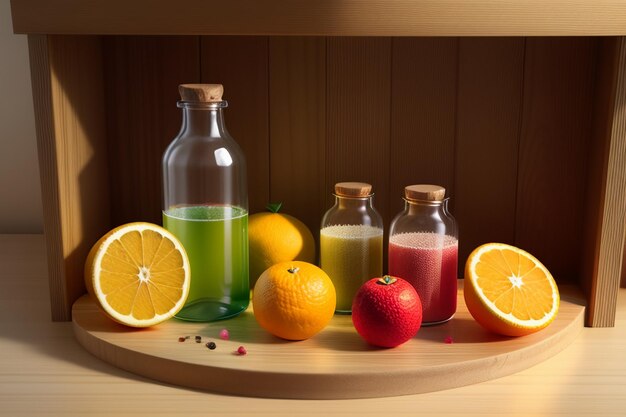 Les fruits orange et les bouteilles de boissons colorées sur la table ont l'air très savoureux.