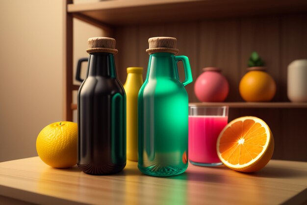 Les fruits orange et les bouteilles de boissons colorées sur la table ont l'air très savoureux.