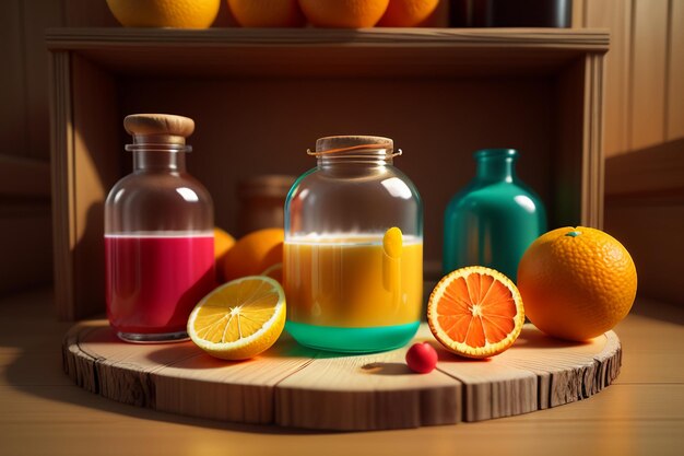 Photo les fruits orange et les bouteilles de boissons colorées sur la table ont l'air très savoureux.