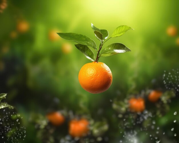 Fruits orange frais volant dans le restaurant de fond de studio et fond de jardin