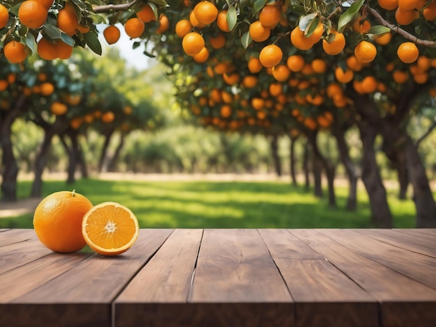 Fruits orange avec table en bois de fond d'arbres