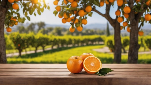 Fruits orange avec table en bois de fond d'arbres