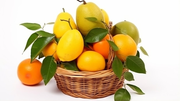 Fruits de pomme juteux avec des feuilles dans un panier sur fond blanc