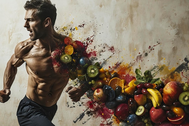 Des fruits qui forment un corps fort Un homme qui court avec un corps musclé