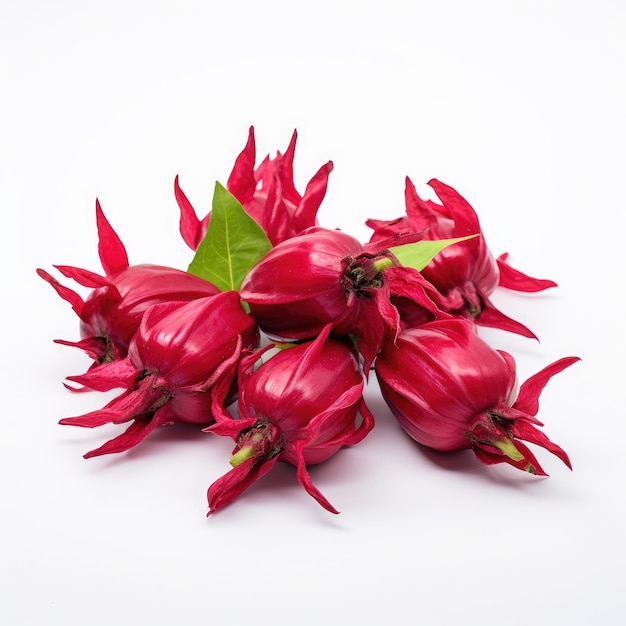 Photo fruits de roselle avec feuilles isolées sur fond blanc