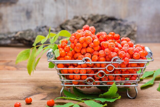 Fruits rouges et feuilles de rowan dans un panier en métal sur une table en bois