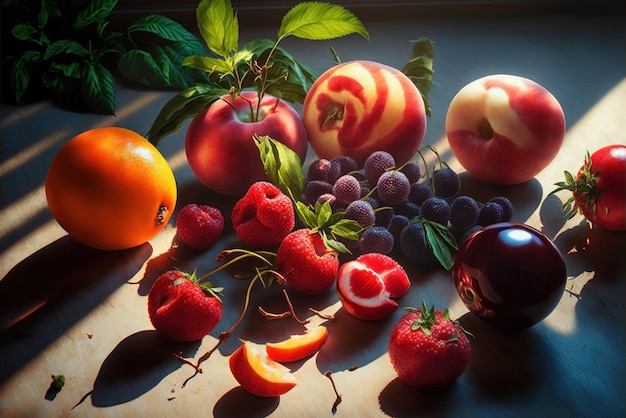 Fruits de la saison d'été arrangés de manière picturale peints avec des couleurs naturelles et douces à l'éclairage de studio Ia généré