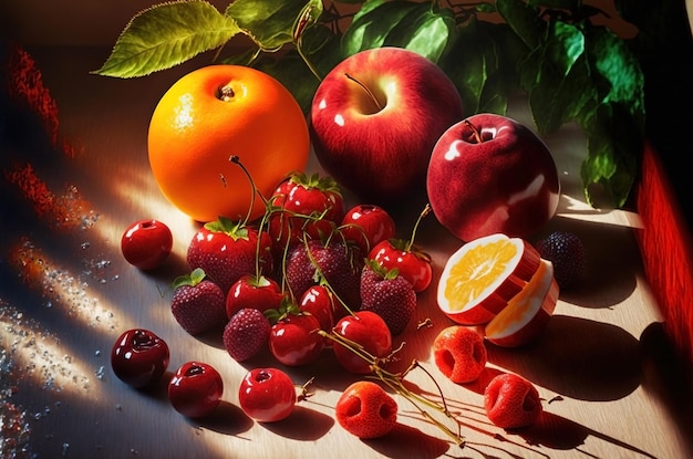 Fruits de la saison d'été arrangés de manière picturale peints avec des couleurs naturelles et douces à l'éclairage de studio Ia généré