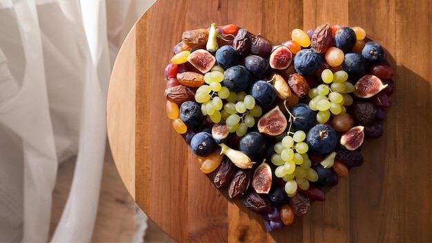 Photo fruits secs mélangés en forme de cœur sur une table en bois