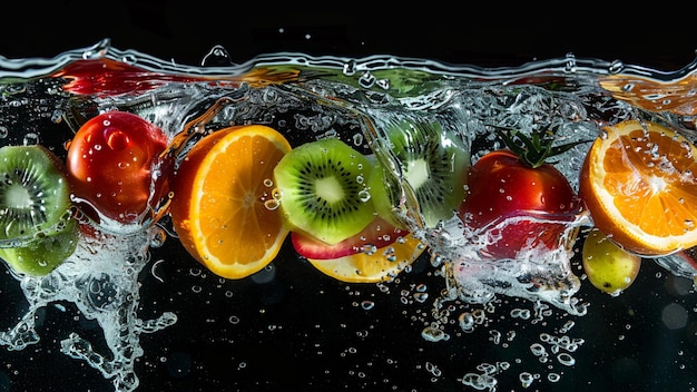 fruits sous l'eau éclaboussé isolé sur noir