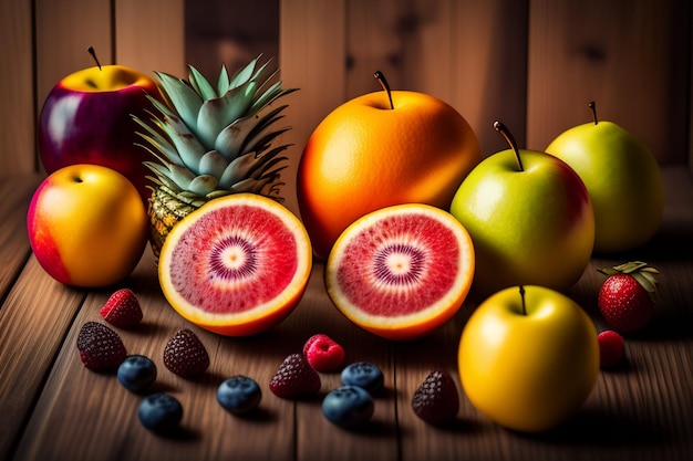 Fruits sur une table avec un fond sombre