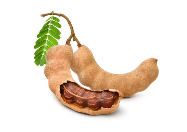 Fruits de tamarin à feuilles vertes isolés sur fond blanc.